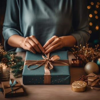 An unrecognizable woman wraps Christmas gifts in green packaging paper and ties them with ribbons.