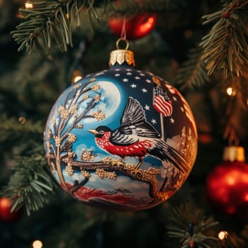 Christmas tree decoration Ball on a Christmas tree with an American-themed pattern on the background of a green Christmas tree. Holiday, Christmas, New Year, toys.