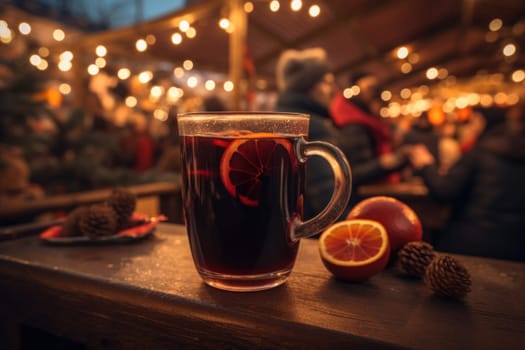 Mulled wine for celebrating Christmas Eve at the Christmas tree. Glass of mulled wine with cinnamon on an old rustic wooden board on a blurred background.copy space