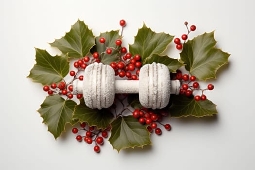 beautiful decorative dumbbells as a Christmas gift. concept for holidays and self-care. copy space.New Year and Christmas