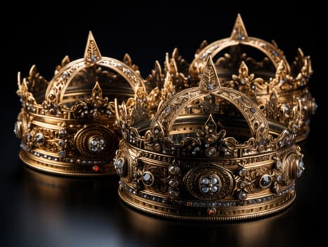 three golden royal crowns with precious stones.Crown for the king