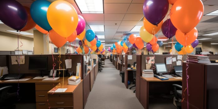 Open Space Office decorated with balloons.Business premises decorated with balloons and decorative ribbons for the New Year's Eve. Festive atmosphere in the office for Christmas.