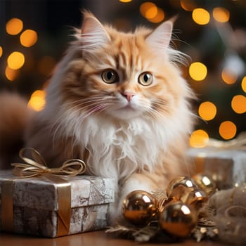 fluffy cat with Christmas gifts and Christmas tree decorations on blurred Christmas background