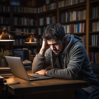 upset and tired man holding his head with his hands at a computer at a table in the library. business, deadlines and technology concept - man with a computer working in the night