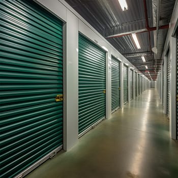 Warehouse, green metal doors with locks in warehouses with a corridor arrangement. Moving, organizing, storage concept.