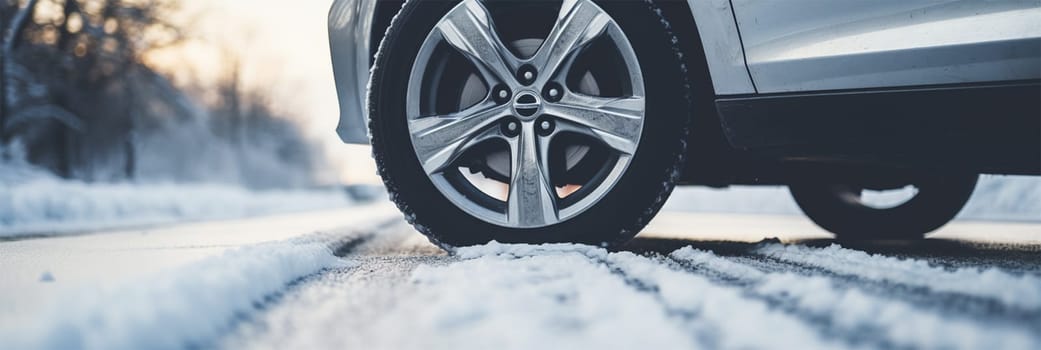 Side view of an blue car with a winter tires on a snowy road winter day.