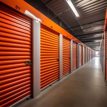 Warehouse, orange metal doors with locks in warehouses with a corridor arrangement. Moving, organizing, storage concept.