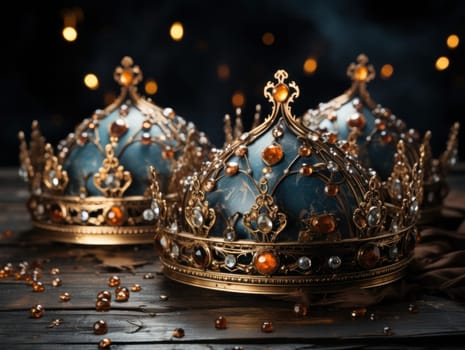 three golden royal crowns with precious stones .Crown for the king