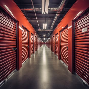 Warehouse, red metal doors with locks in warehouses with a corridor arrangement. Moving, organizing, storage concept
