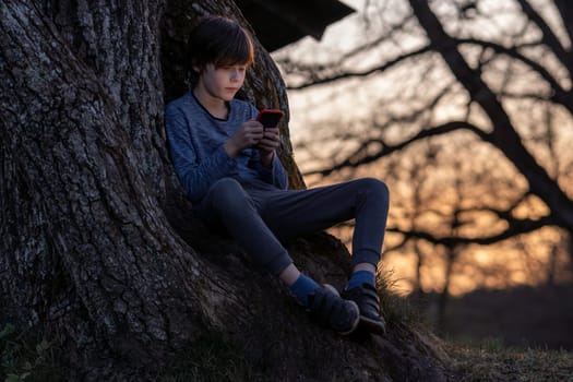 Portrait of teenage boy sitting on roots of large tree and enthusiastically watching something on his phone against background of setting sun. Summer holidays. Summer in country. Time to dream.