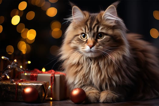 fluffy cat with Christmas gifts and Christmas tree decorations on blurred Christmas background