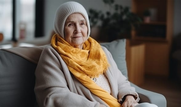 An elderly woman in a hat and blanket is freezing on the sofa in the apartment. Concept of heating and cost of housing services.
