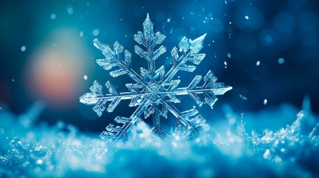 Cool and dreamy close-up view of a snowflake with a background portraying the beauty of winter bless. The concept of winter, cold, beauty of nature. AI generated