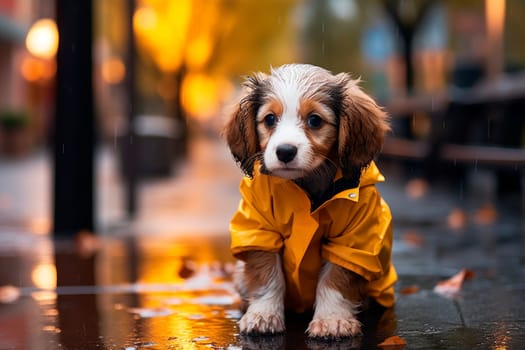 Adorable puppy in a raincoat sits in a puddle on the street in autumn. Fall season concept. AI generated