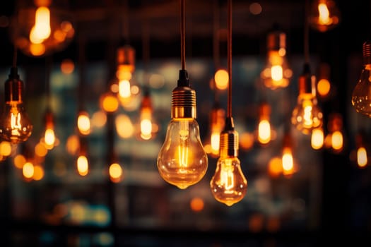 Decorative antique pendant light bulbs. A lot of not particularly bright lamps against a dark background. Hanging lamps or light bulbs on wire. AI generated