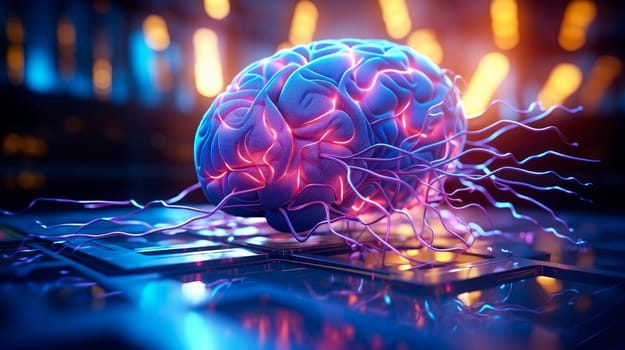 Artificial Intelligence connections and wires out of the brain in a bright future. Smart glowing brain on abstract digital background. Sciene technology and digital transformation concept. AI generated