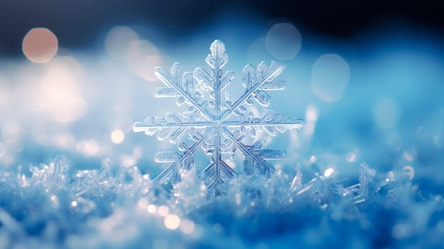 Cool and dreamy close-up view of a snowflake with a background portraying the beauty of winter bless. The concept of winter, cold, beauty of nature. AI generated