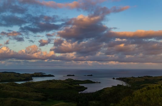 Top view of Nacula island at sunset, Yasawa island group, Fiji, South Pacific islands