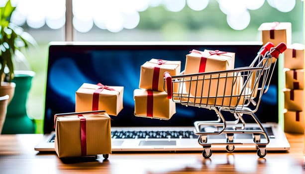 Online shopping - symbolic photo with mini shopping cart and lots of parcels on the desk
