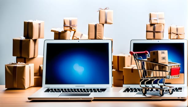 Online shopping - symbolic photo with mini shopping cart and lots of parcels on the desk