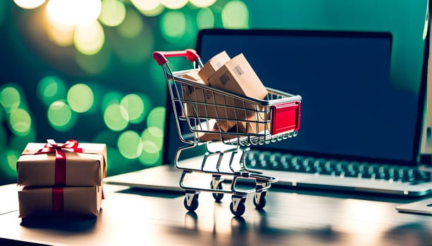 Online shopping - symbolic photo with mini shopping cart and lots of parcels on the desk