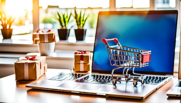 Online shopping - symbolic photo with mini shopping cart and lots of parcels on the desk