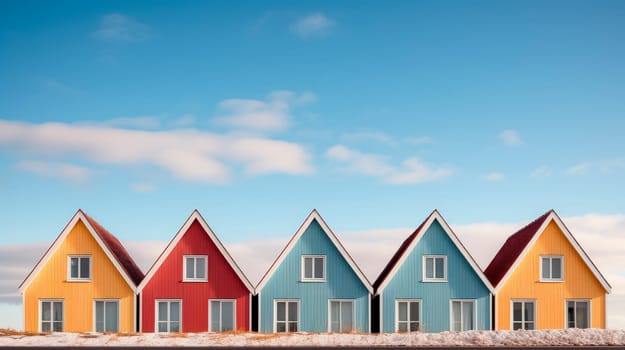 Five wooden simple houses next to each other. Street view of multiple colorful small wooden buildings of various colors. AI generated