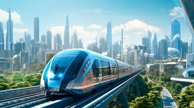 Futuristic Rail Shuttle Through Cities. Futuristic train very fast driving. Futuristic city concept. AI generated