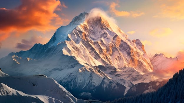 Landscape of the towering mountains surrounded by clouds, the sun shines on the front of the snow mountain. Rays of sunset on the tops of the mountains on a sunny day. AI generated