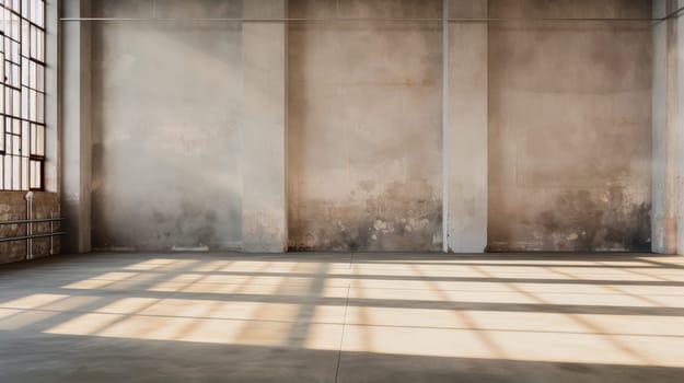 Empty loft, industrial grunge interior. Old concrete walls and big windows. Interior concept background. AI generated