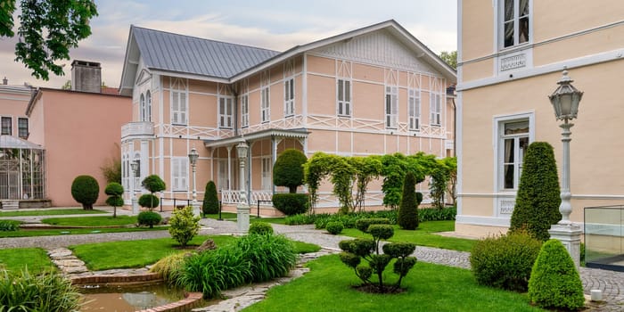 Courtyard of Dolmabahce palace, with Kemaleddin Efendi Mansion, or Kemaleddin Efendi KoskuKosku, located in Besiktas district on the European coast of the Bosporus, Istanbul, Turkey