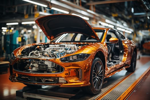 Car production factory, robotic assembly line with vehicle body, automated build process