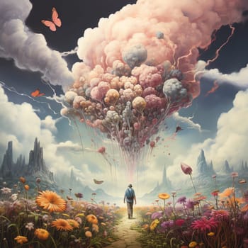 Human walking on a path through clouds and pastel colored flowers, self care and hope concept, positive thinking, creative mind, dreamlike landscape