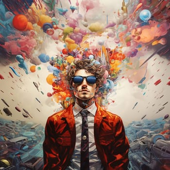 Man with creative mind, exploding brain full of ideas and imagination, dreams and emotion, inner world and spirituality