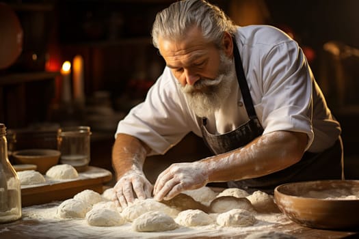 Italian man kneading traditional pizza, ciabatta or pasta dough, chef in the kitchen, homemade mediterranean food