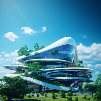Futuristic green architecture in modern city. Sustainable glass office building with vertical garden. Office building with green environment. Eco-friendly corporate building. ESG. Generative AI.
