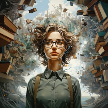 Woman surrounded by books, creative mind, exploding brain full of ideas and imagination, education concept, world book day