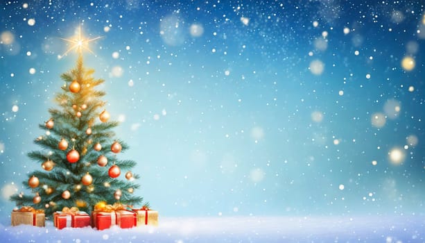 Christmas tree outside forest with falling snow, copy space, holiday background, AI generated