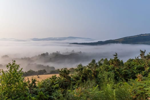 View of Galicia mountain landscape at the sunrise along the way of St. James. Lugo