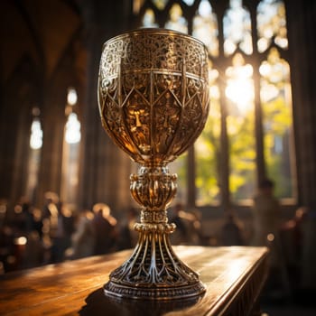 Golden Holy Chalice with customizable space for text or prayers.