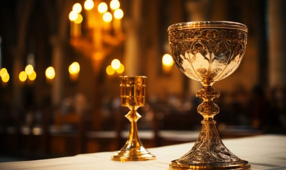 Golden Holy Chalice with customizable space for text or prayers.