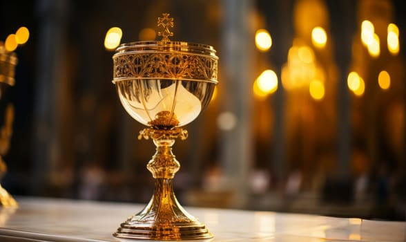 Golden Holy Chalice with customizable space for text or prayers.
