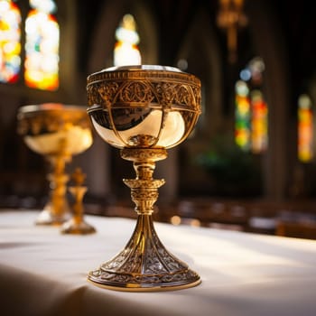Golden Holy Chalice with customizable space for text or prayers.