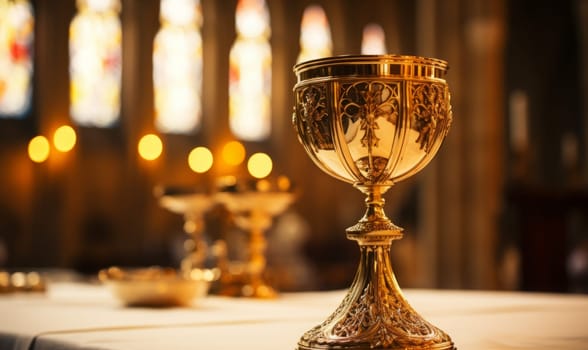 Golden Holy Chalice with customizable space for text or prayers.
