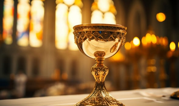 Golden Holy Chalice with customizable space for text or prayers.