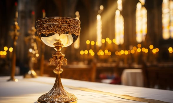 Golden Holy Chalice with customizable space for text or prayers.