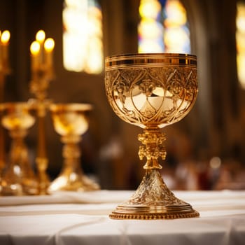 Golden Holy Chalice with customizable space for text or prayers.