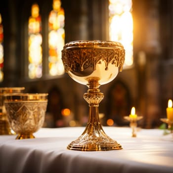 Golden Holy Chalice with customizable space for text or prayers.