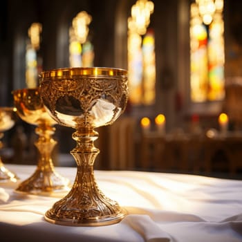 Golden Holy Chalice with customizable space for text or prayers.
