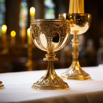 Golden Holy Chalice with customizable space for text or prayers.